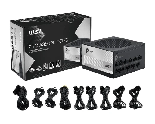 Блок живлення 850 Вт, PRO A850PL PCIE5, Black, модульний, 80+ Platinum, Active PFC, 12 см MSI 000358309 - Фото 5 Блок живлення 850 Вт, PRO A850PL PCIE5, Black, модульний, 80+ Platinum, Active PFC, 12 см MSI 000358309 - зображення 5