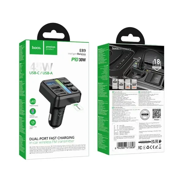 Авто зарядний пристрій з FM-модулятором Hoco E89 Libre 45W (1A1C) car BT FM transmitter Чорний - зображення 2