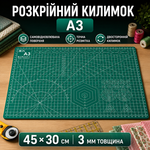 Килимок двосторонній А3 3мм з розміткою для різання печворка, Cutting mat - Фото 1 Килимок двосторонній А3 3мм з розміткою для різання печворка, Cutting mat - зображення 1