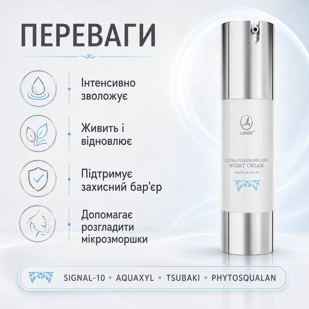 Ночной крем филлер для лица Lambre Ultra Hyaluronic Line 50 мл против морщин с гиалуроновой кислотой - изображение 2