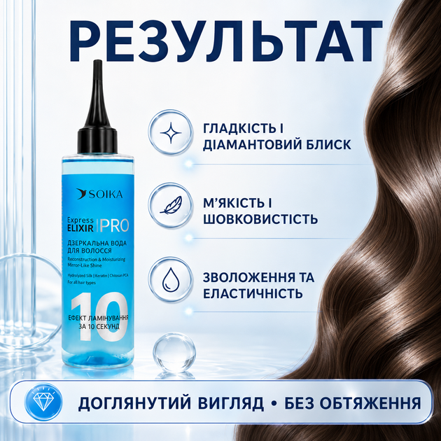 Экспресс эликсир для волос SOIKA Express Elixir PRO Зеркальная вода реконструкция и увлажнение объем 200 мл - Фото 3 Экспресс эликсир для волос SOIKA Express Elixir PRO Зеркальная вода реконструкция и увлажнение объем 200 мл - изображение 3