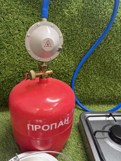 Газова плита двоконфоркова DOMOTEC Портативна газ плитка + балон газовий 8л + редуктор зі шлангом + пальник на балон у подарунок - зображення 2