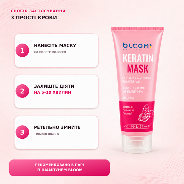 Інтенсивна маска для волосся BLOOM Keratin Mask 250 мл для сухого та пошкодженого волосся після кератину - зображення 2