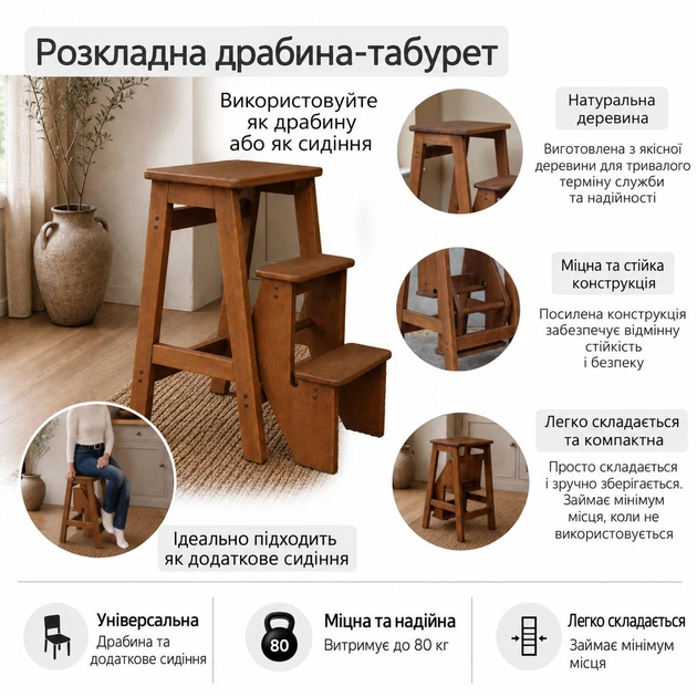 Стул-лестница деревянный складной, стремянка-трансформер 3 ступени, Молочная Ретро - Фото 6 Стул-лестница деревянный складной, стремянка-трансформер 3 ступени, Молочная Ретро - изображение 6