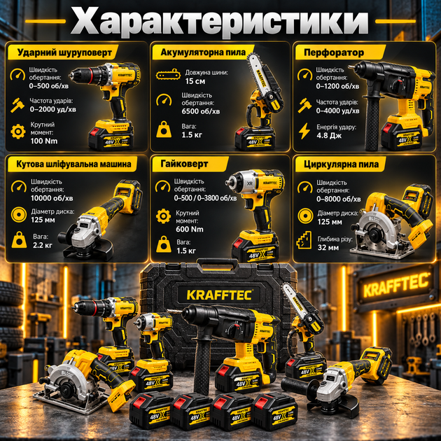 Набор аккумуляторных инструментов Krafftec Germany 6в1 48V 4 АКБ 6.0Ah шуруповерт перфоратор гайковерт болгарка циркулярная цепная пила в кейсе - изображение 4