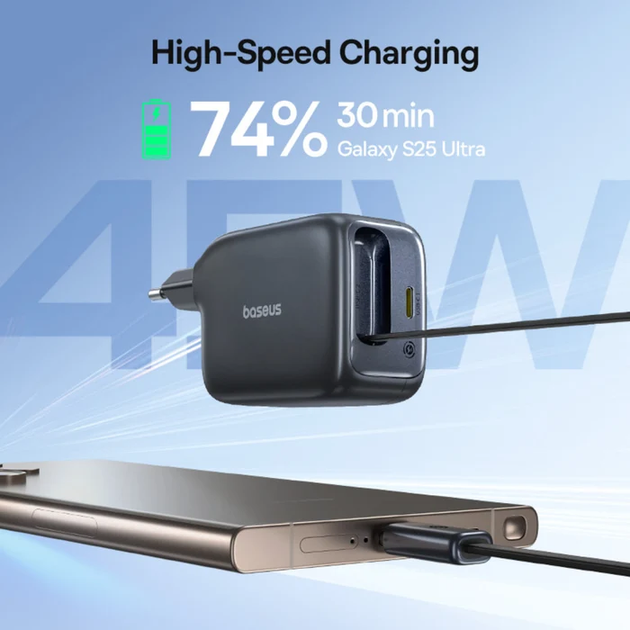 Сетевое зарядное устройство для Baseus EnerCore CJ11 Fast Charger 2Type-C 45W with Retractable Cable E0120G00 Black - Фото 2 Сетевое зарядное устройство для Baseus EnerCore CJ11 Fast Charger 2Type-C 45W with Retractable Cable E0120G00 Black - изображение 2