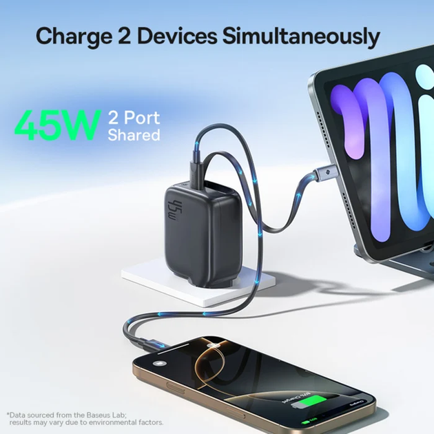 Сетевое зарядное устройство для Baseus EnerCore CJ11 Fast Charger 2Type-C 45W with Retractable Cable E0120G00 Black - Фото 5 Сетевое зарядное устройство для Baseus EnerCore CJ11 Fast Charger 2Type-C 45W with Retractable Cable E0120G00 Black - изображение 5