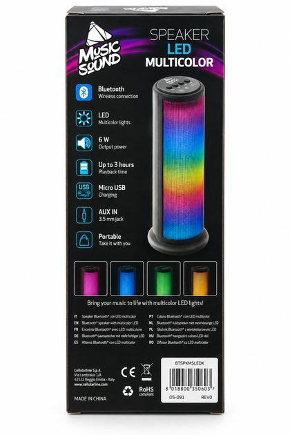 Портативна Bluetooth-колонка Music Sound by Cellularline BTSPKMSLEDK 6 Вт з LED-підсвічуванням чорна - Фото 3 Портативна Bluetooth-колонка Music Sound by Cellularline BTSPKMSLEDK 6 Вт з LED-підсвічуванням чорна - изображение 3