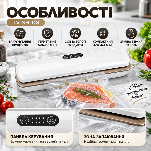 Вакууматор TV-SH-08/016 настольный вакуумный упаковщик для сухих влажных продуктов с герметичной запайкой пакетов компактный mini для мяса рыбы овощей фруктов заморозки домашних заготовок - изображение 2
