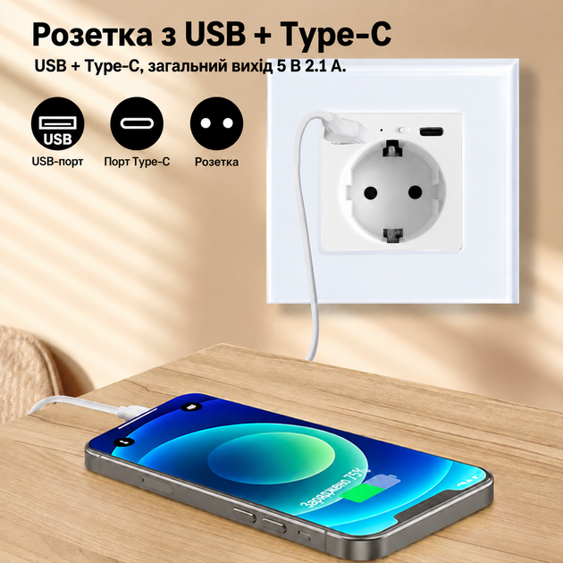 Розумна вбудована Wi-Fi розетка 16A 3500W з енергомоніторингом USB + Type-C керуванням зі смартфона Tuya / Smart Life (RR103EM) - зображення 3