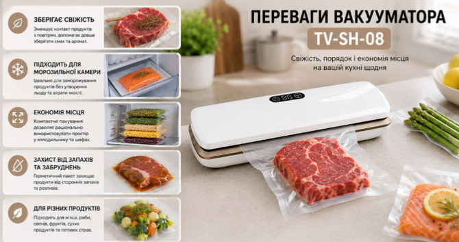 Вакууматор TV-SH-08/016 настольный вакуумный упаковщик для сухих влажных продуктов с герметичной запайкой пакетов компактный mini для мяса рыбы овощей фруктов заморозки домашних заготовок - изображение 10