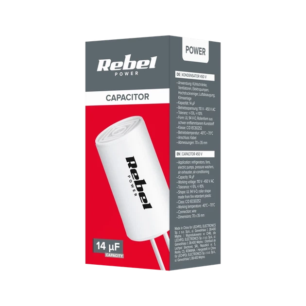 Конденсатор Rebel 14uF 450V для однофазных двигателей (URZ3131) - Фото 3 Конденсатор Rebel 14uF 450V для однофазных двигателей (URZ3131) - изображение 3