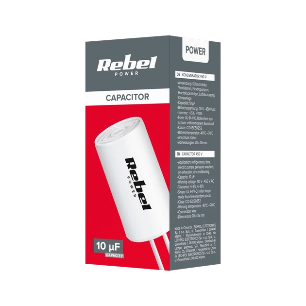 Конденсатор Rebel 10uF 450V для однофазных двигателей (URZ3130) - Фото 3 Конденсатор Rebel 10uF 450V для однофазных двигателей (URZ3130) - изображение 3