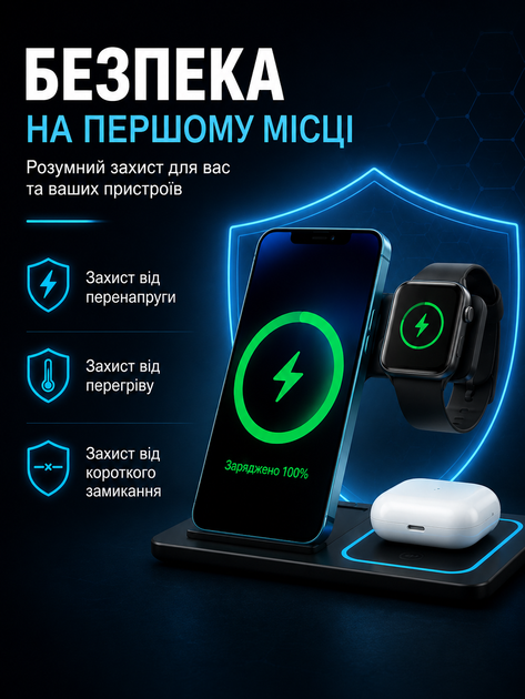 Беспроводная зарядная станция 3 в 1 15 W для iPhone, Apple Watch и AirPods черная (49675896) - изображение 5