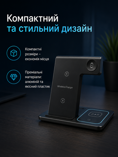 Беспроводная зарядная станция 3 в 1 15 W для iPhone, Apple Watch и AirPods черная (49675896) - изображение 6
