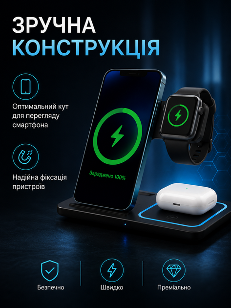 Беспроводная зарядная станция 3 в 1 15 W для iPhone, Apple Watch и AirPods черная (49675896) - изображение 7