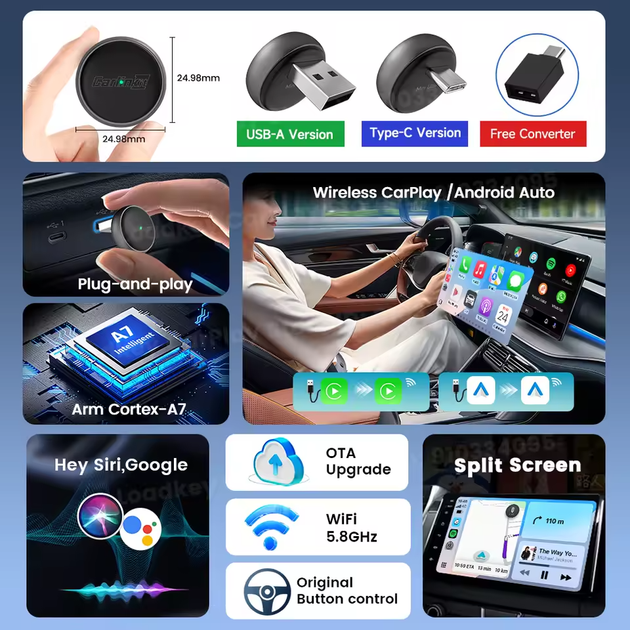 Беспроводной адаптер Carlinkit 2 в 1 - CarPlay и Android Auto (USB-A / Type-C) - изображение 5