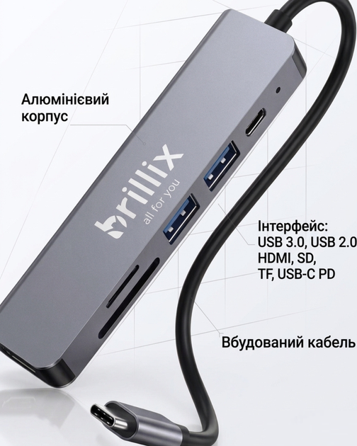 USB-хаб перехідник type с на юсб Brillix UC-H6 Max 6 портів USB2.0/USB3.0/HDMI/USB-C/SD TF card reader/PD Female розширювач для ноутбука макбука ПК картридер SD TF mini-jack type-c адаптер 6в1 - зображення 4