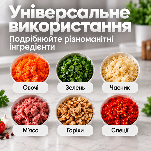 Подрібнювач кухонний електричний бездротовий для овочів спецій цибулі часнику зелені горіхів м'яса та фаршу чоппер міні блендер подрібнювач акумуляторний USB 250 мл 2000 об/хв зі знімними ножами прозора чаша білий Kayfovo - зображення 5