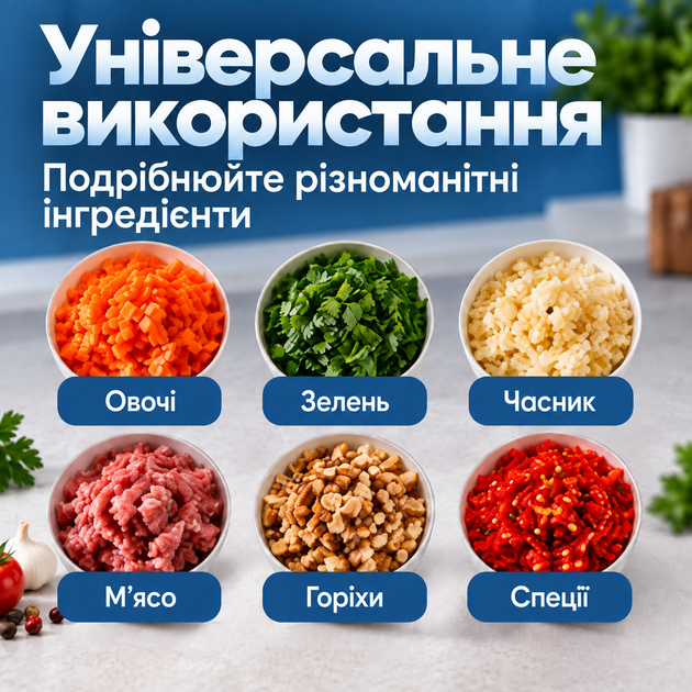 Подрібнювач кухонний електричний бездротовий для овочів спецій цибулі часнику зелені горіхів м'яса та фаршу чоппер міні блендер подрібнювач акумуляторний USB 250 мл 2000 об/хв зі знімними ножами прозора чаша блакитний Kayfovo - зображення 5