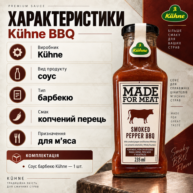 Соус барбекю Kühne 235 мл с копченым перцем BBQ соус к мясу густой соус для стейков шашлыка бургеров гриля колбасок сэндвичей картофеля - Фото 3 Соус барбекю Kühne 235 мл с копченым перцем BBQ соус к мясу густой соус для стейков шашлыка бургеров гриля колбасок сэндвичей картофеля - изображение 3