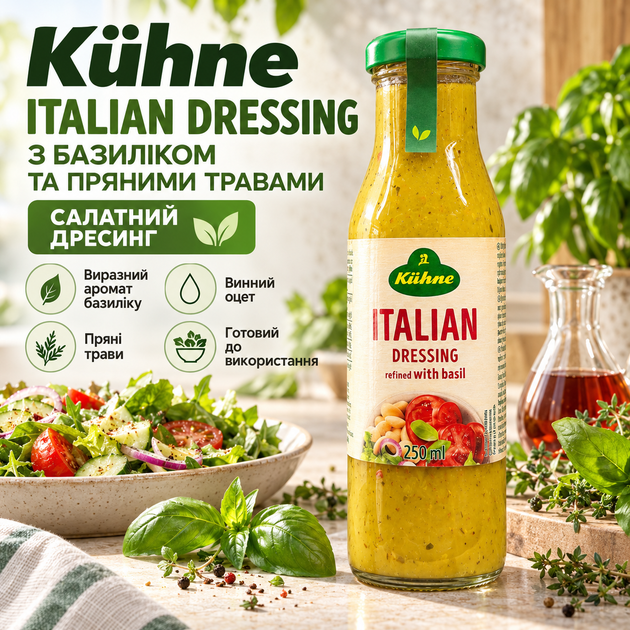 Соус салатний Kühne Italian Dressing 250 мл заправка італійська з базиліком винним оцтом ріпаковою олією пряними травами часниковим екстрактом готова для салатів овочів домашньої кухні - Фото 1 Соус салатний Kühne Italian Dressing 250 мл заправка італійська з базиліком винним оцтом ріпаковою олією пряними травами часниковим екстрактом готова для салатів овочів домашньої кухні - зображення 1