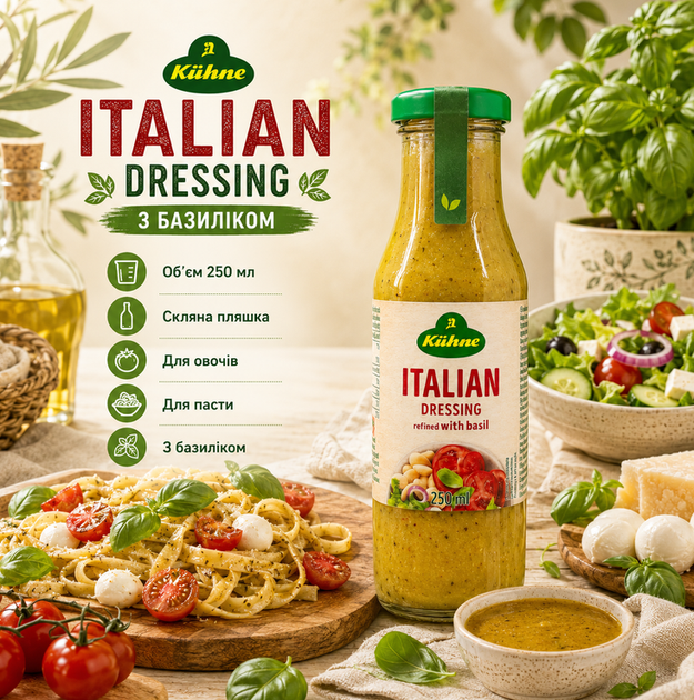 Соус салатний Kühne Italian Dressing 250 мл заправка італійська з базиліком винним оцтом ріпаковою олією пряними травами часниковим екстрактом готова для салатів овочів домашньої кухні - Фото 2 Соус салатний Kühne Italian Dressing 250 мл заправка італійська з базиліком винним оцтом ріпаковою олією пряними травами часниковим екстрактом готова для салатів овочів домашньої кухні - зображення 2