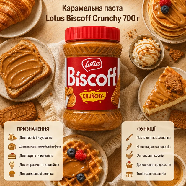 Карамельная паста Lotus Biscoff Crunchy 700 г с хрустящими кусочками печенья кремовая карамелизированная намазка с корицей для тостов блинов панкейков вафель круассанов чизкейков тортов выпечки десертов мороженого коктейлей - изображение 4