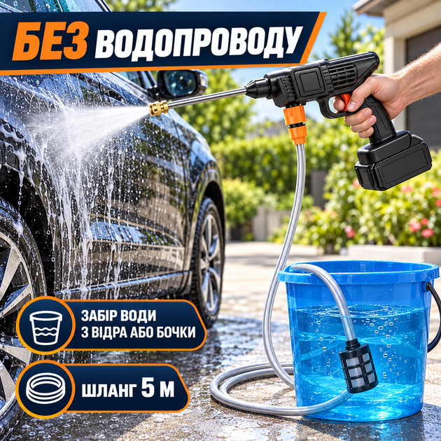 Акумуляторна мийка високого тиску 48 В 30 бар 1000 Вт, бездротова автомийка 240 л/год з 2 АКБ, шлангом 5 м, піногенератором і кейс - изображение 3