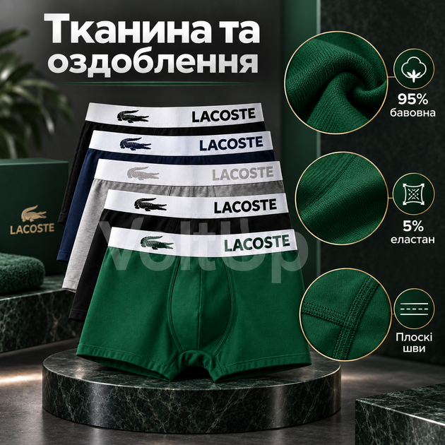 Мужские боксеры Lacoste с белой резинкой 2 черные, темно-синие, серые и темно-зеленые размер ХL, комплект 5 шт (LC01-5-01) - изображение 2