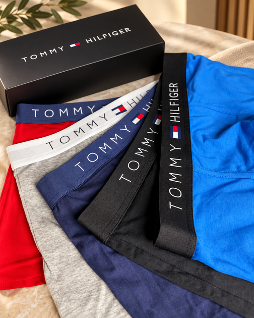 Набор мужского белья TOMMY HILFIGER 5 шт размер L, хлопковые трусы боксеры разных цветов в коробке - Фото 4 Набор мужского белья TOMMY HILFIGER 5 шт размер L, хлопковые трусы боксеры разных цветов в коробке - изображение 4