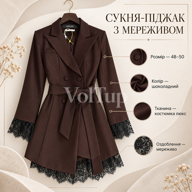 Жіноча сукня-піджак шоколадного кольору 48–50, модель з мереживом, лацканами та довгим рукавом - Фото 1 Жіноча сукня-піджак шоколадного кольору 48–50, модель з мереживом, лацканами та довгим рукавом - зображення 1