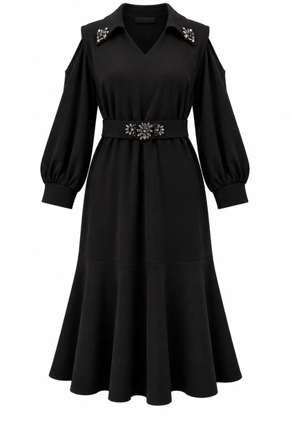 Платье DRESS PORT женское большого размера длинное нарядное с открытыми плечами со стразами и поясом 3XL, 52 черное - изображение 2