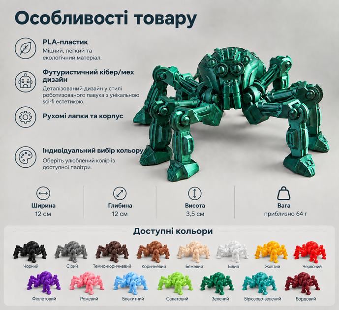 Фигурка кибер-паука с подвижными лапками градиент черно-зеленый 12×12×3,5 см - Фото 10 Фигурка кибер-паука с подвижными лапками градиент черно-зеленый 12×12×3,5 см - изображение 10