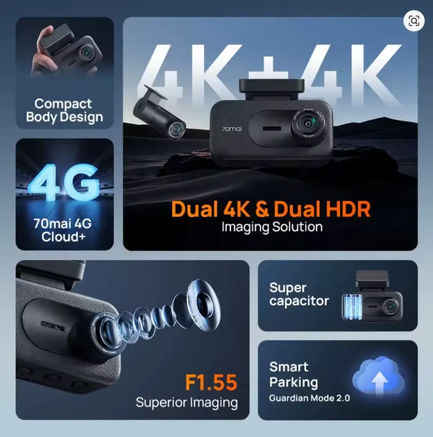 Відеореєстратор 70mai Dash Cam A900 Dual 4K + камера заднього виду 4K (RC44) + паркувальний кабель UP03 - зображення 5