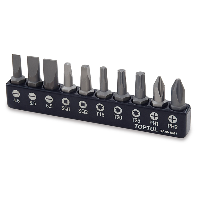 Набір біт 10од. 1/4 "(PH, SL, TORX, SQ) TOPTUL GAAV1001 - Фото 1 Набір біт 10од. 1/4 "(PH, SL, TORX, SQ) TOPTUL GAAV1001 - зображення 1