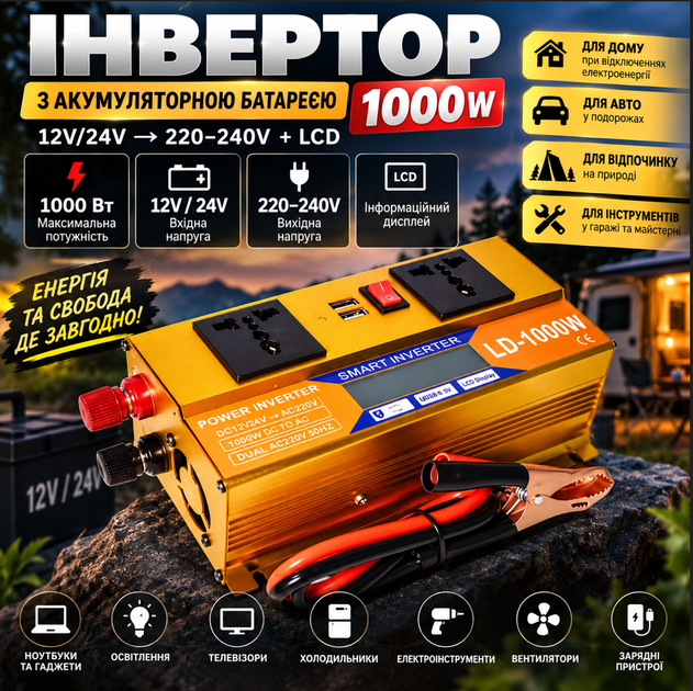 Інвертор з акумуляторною батареєю 1000т 12V/24V + LCD, золотий - изображение 5