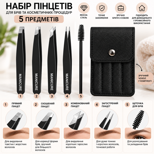 Набір професійних пінцетів для брів MANICURE 5 предметів – 4 пінцети різної форми, щіточка та чохол, чорний - изображение 2