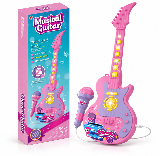 Детская гитара с микрофоном Musical Guitar световые эффекты музыка сенсорные кнопки подключения телефона - изображение 3