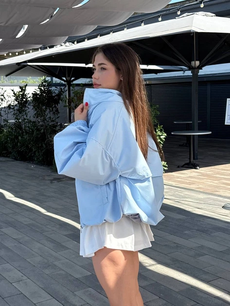 Голубой бомбер oversize с резинкой по низу L - изображение 9
