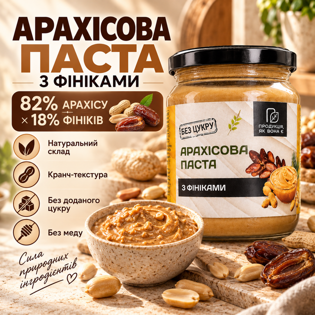 Арахисовая паста с финиками 540 г натуральная паста кранч арахис 82% финики 18% без добавленного сахара без меда ореховая паста с хрустящими кусочками для завтраков десертов перекусов - Фото 1 Арахисовая паста с финиками 540 г натуральная паста кранч арахис 82% финики 18% без добавленного сахара без меда ореховая паста с хрустящими кусочками для завтраков десертов перекусов - изображение 1