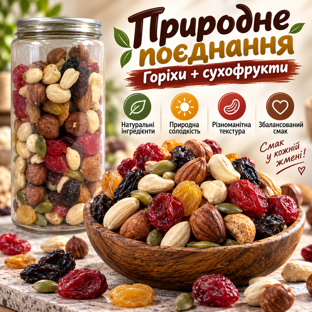 Суміш горіхів і сухофруктів 150 г натуральний горіхово-фруктовий мікс поживний снек для перекусу енергетичне асорті для сніданків каш йогуртів десертів - зображення 2