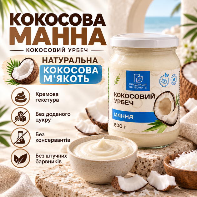 Кокосовая манна Продукція як вона є 500 г натуральная кокосовая паста урбеч из мякоти кокоса без добавленного сахара консервантов красителей кремовая паста для десертов каш смузи выпечки - Фото 1 Кокосовая манна Продукція як вона є 500 г натуральная кокосовая паста урбеч из мякоти кокоса без добавленного сахара консервантов красителей кремовая паста для десертов каш смузи выпечки - изображение 1