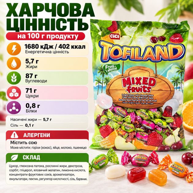 Жевательные конфеты JEST TOFILAND MIX 1 кг фруктовое ассорти мягкие желейные конфеты с фруктовыми соками вкусы апельсин клубника вишня яблоко ELVAN - изображение 3