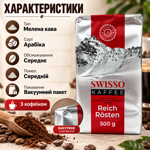 Кава мелена Swisso Kaffee 525 г арабіка середнього обсмажування кава для еспресо середнього помелу з шоколадно-горіховими нотками вакуумна упаковка - зображення 3