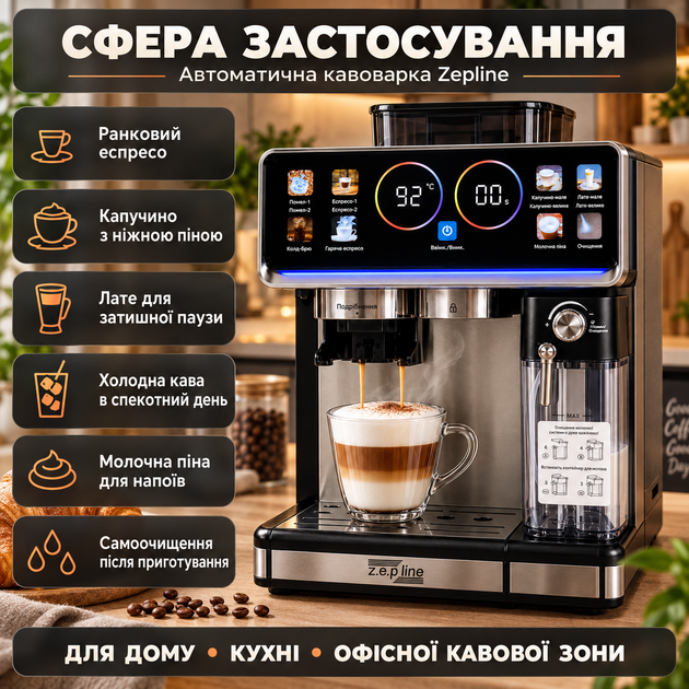Кавоварка з капучінатором автоматична ZP-6810 для дому 20 Бар 1500 Вт ріжкова кавомашина Чорна - зображення 7