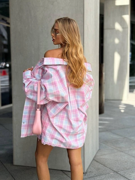 Сорочка з бавовни oversize з необробленими краями 42-48 рожевий/блакитний - зображення 4