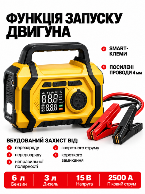 Портативний компресор 80 Вт, акумулятор 8000 мАг, 150 PSI, LED-дисплей, ліхтарик, Power Bank - изображение 6