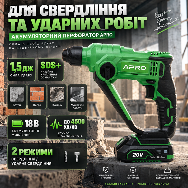 Аккумуляторный перфоратор APRO 18 В 1,5 Дж SDS+ беспроводной перфоратор до 4500 уд/мин с реверсом регулировкой оборотов 1 аккумулятором зарядным устройством и кейсом - Фото 3 Аккумуляторный перфоратор APRO 18 В 1,5 Дж SDS+ беспроводной перфоратор до 4500 уд/мин с реверсом регулировкой оборотов 1 аккумулятором зарядным устройством и кейсом - изображение 3