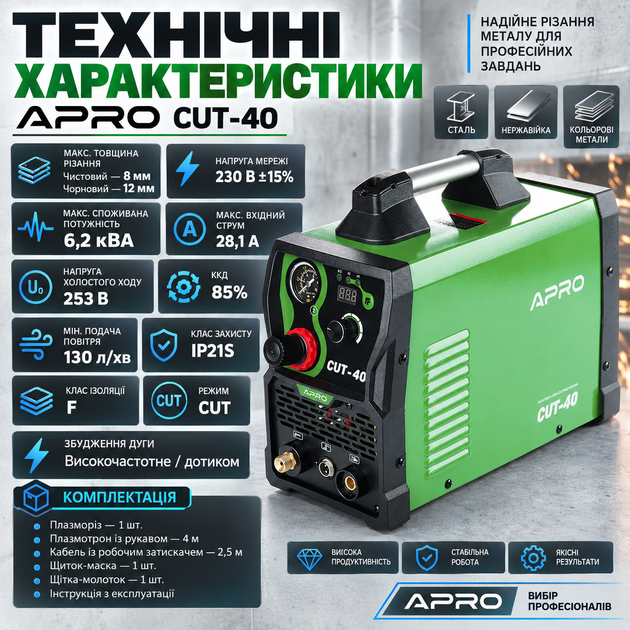 Апарат плазмового різання APRO CUT-40 6,2 кВА 230 В плазморіз для різання до 8/12 мм з плазмотроном 4 м затискачем маси 2,5 м подача повітря від 130 л/хв IP21S - зображення 2